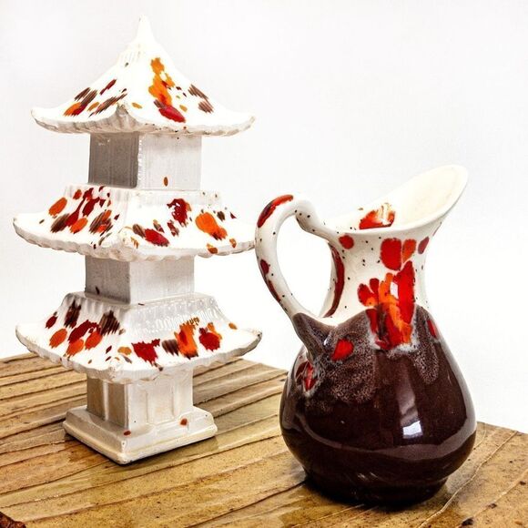 VTG Splatter Pottery 3-Tier Pagoda and Cream Pitcher/Vase - Picture 3 of 8